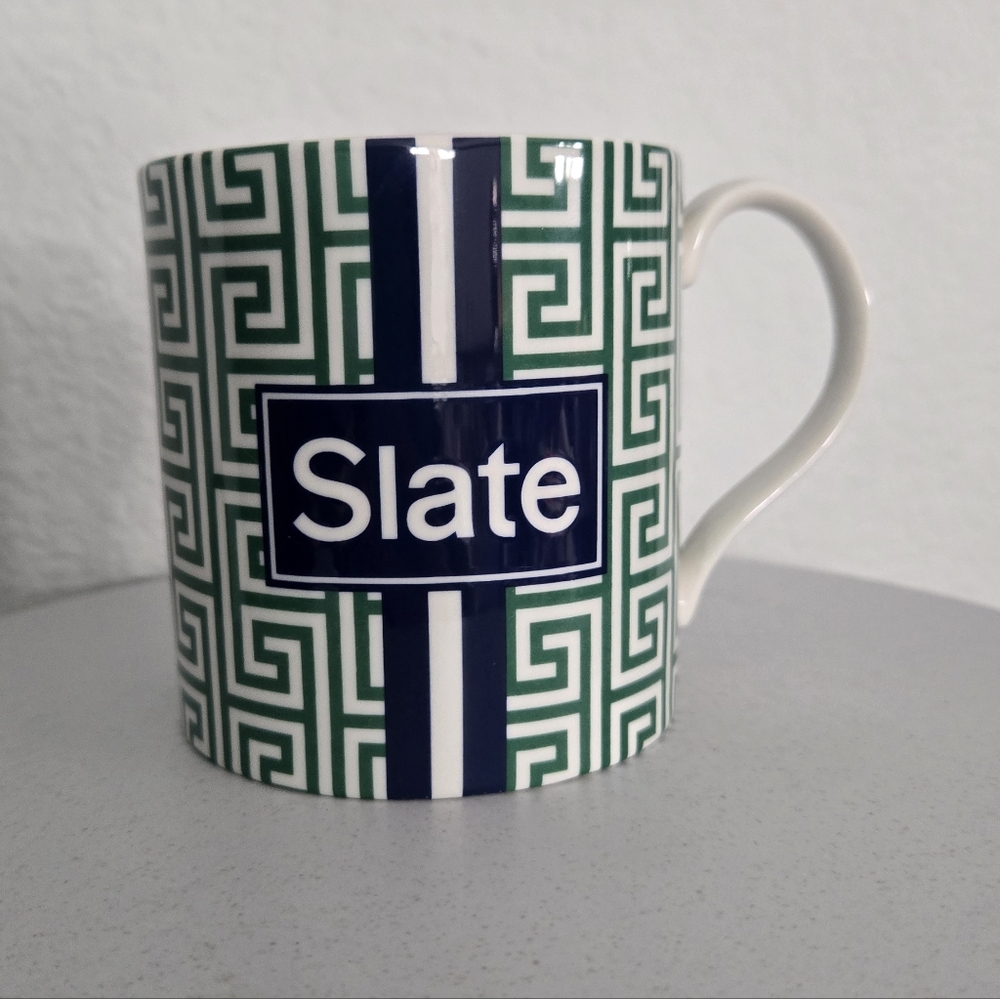 Jonathan Adler Slate Greek Key Pattern and Racing Stripe Coffee Mug Tea Cup